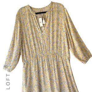 NWT | LOFT BEACH 3/4 SLEEVE FLORAL MIDI DRESS TASSEL TIES RUFFLE HEM | XL